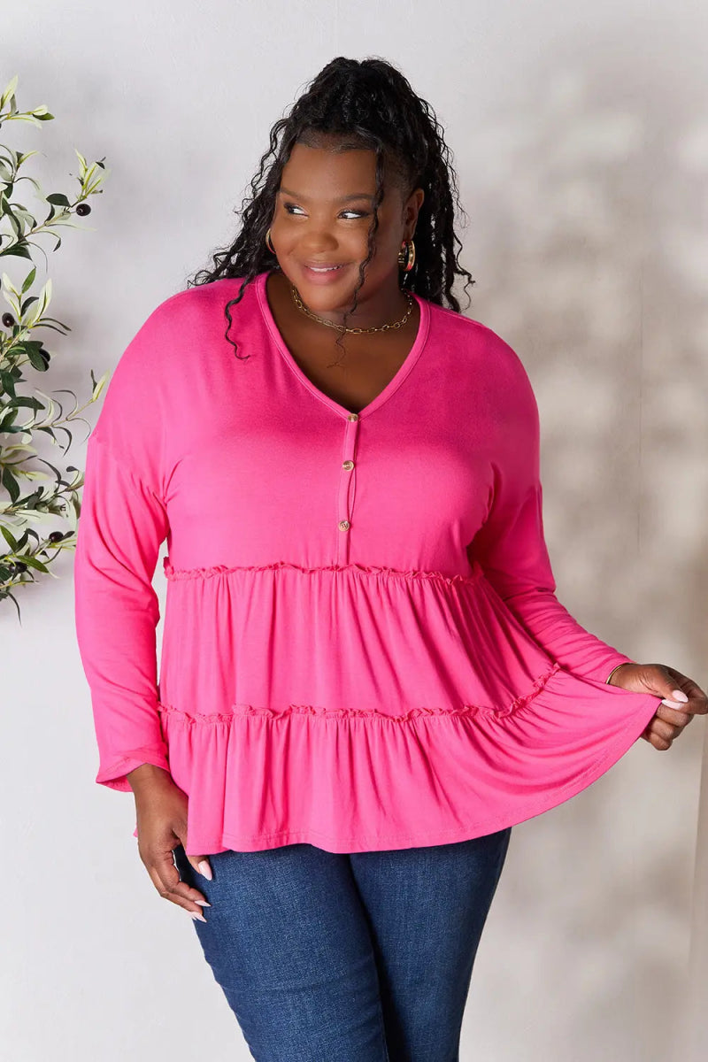 Double Take Half Button Long Sleeve Ruffle Hem Blouse - Love Salve